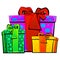 Gifts in bright boxes with ribbons and bows.