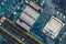 Gigabit motherboard, intel processor and RAM top view close-up