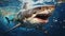 A Gigantic Great White Shark In Crystal Clear Water with Caustic Reflections Background