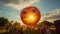 A gigantic, grinning sun balloon casting a warm glow over a cheerful summer festival