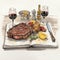 Gigantic Scale Steak Drawing With Wine Glasses And Book