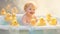 A giggling young child immersed in a warm bath, encircled by a fleet of adorable rubber duckies
