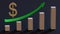 Gilded dollar symbol, growing graph bars and an upward pointing arrow in green on a dark background. 3D rendering.