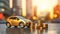 Gilded Journey: Stack of Gold Coins on Blurry Car Background