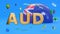 Gilded letters AUD against the background of a fragment of the flag of Australia, abstract multi-colored shapes, arrows, currency