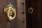 Gilded metal knob on a rustic open door