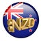 Gilded NZD dollar symbol against the background of the New Zealand flag. Finance concept. Rendering 3D.