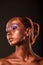 Gilt. Golden Woman\'s Face Closeup. Futuristic Gilded Make-up. Painted Skin bronze.