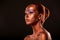 Gilt. Golden Woman\'s Face Closeup. Futuristic Gilded Make-up. Painted Skin bronze.