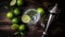 Gimlet Kamikaze cocktail in martini glasses with lime slice and ice on wooden background with fresh limes. Top view, Generative ai