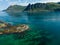 Gimsoy lighthouse on sea rocks, Lofoten Norway