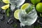 Gin and Tonic Alcohol drink with Lime, Rosemary and ice on rustic black table