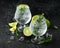 Gin and Tonic Alcohol drink with Lime, Rosemary and ice on rustic black table