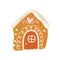 Ginger bread decorated with sugar frosting. Christmas gingerbread house. Xmas Winter cookie of home shape with sweet