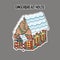 Ginger bread house. Sticker. Small cute gingerbread house, with a roof covered with snow and bright illumination. Hand drawn