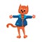 Ginger cat in a blue jacket greets. Digital raster illustration on a white background.