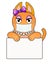 Ginger cat with bow, beads and a medical mask holds an empty poster vector template. The cartoon character a cat in a mask