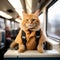 Ginger cat close up travel on train carrying backpack