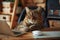 Ginger cat with glasses poses at a desk, exuding a scholarly air amidst a warm, bokeh light background