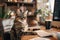 Ginger cat with glasses poses at a desk, exuding a scholarly air amidst a warm, bokeh light background