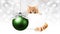 ginger cat and green christmas ball with gift greeting card, template copy space