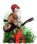 A ginger cat in a helmet sits on the saddle of a bicycle