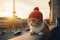 Ginger cat in knitted hat in sunset, EIffel Tower on background. Generative AI