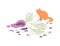 Ginger cat knocked over flower pot, fallen pot with flower, disorder from pet, vector cartoon pet mess, dirty footprints