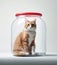 Ginger cat in a large glass jar