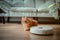 Ginger cat next to robot in the living room interior. floor Robotic cleaner at home on warm wooden floor. Pet relaxed at