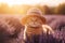 Ginger cat in purple straw hat in sunset, lavender field. Generative AI