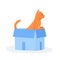 Ginger cat sits in box. Cute indoor pet plays in paper case. Hiding and resting place for fluffy fiend. Flat style