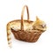 Ginger cat sleeps inside a wicker basket isolated white background