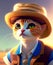 Ginger cat in sombrero hat on summer background, relaxation concept. anthropomorphic animal. Ai generated image