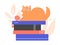 Ginger cat on a stack of books. Intelligent pet games.