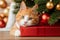 Ginger Cat Surprises from Gift Box Amidst Christmas Tree: Feline Festive Charm.