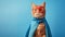 A ginger cat wearing a blue cape and a red mask against a blue background.