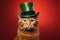 Ginger cat wearing green hat on solid background. Celebrating St. Patrick\\\'s Day in Ireland