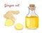 Ginger essential oil in glass bottle, ginger root and slices.