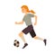 Ginger girl play soccer, cartoon vector avatar. Women soccer player running and kicking the ball alongside her.