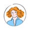 Ginger hair woman doodle portrait. Beautiful young girl with flecks on face in blue shirt. Hand drawn female.