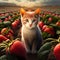 A ginger kitten in the strawberry fields. Created with Generative AI