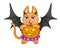 Ginger kitty in a bat costume carries a pumpkin - vector full color illustration. Kitten in a purple skirt with bat wings and Jack