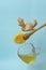 ginger lemon and honey dripper, levitating over a hot cup of tea on blue background