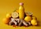 Ginger lemon turmeric immune system shot juice with ingredients on yellow background.Macro.AI Generative