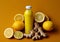 Ginger lemon turmeric immune system shot juice with ingredients on yellow background.Macro.AI Generative