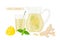Ginger Lemonade in glass jug. Pitcher and glass with lemonade, lemon fruit, mint, ginger root. Summer refreshing drink
