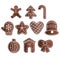 Ginger man, man, tree, cane, mitten, snowflake, star, heart, bow, ball, house, bell as a set of Christmas gingerbread, vector