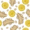 Ginger roots with lemon. Hand draw ingredient for warming tea. Whole and sliced ginger roots with lemon. Vector seamless pattern