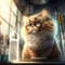 A ginger scientist cat in glasses looking through a window in a laboratory. Created with Generative AI